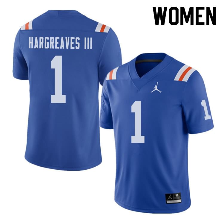 Women's NCAA Florida Gators Vernon Hargreaves III #1 Stitched Authentic Alternate Jordan Brand Royal Throwback College Football Jersey VXL6765AL